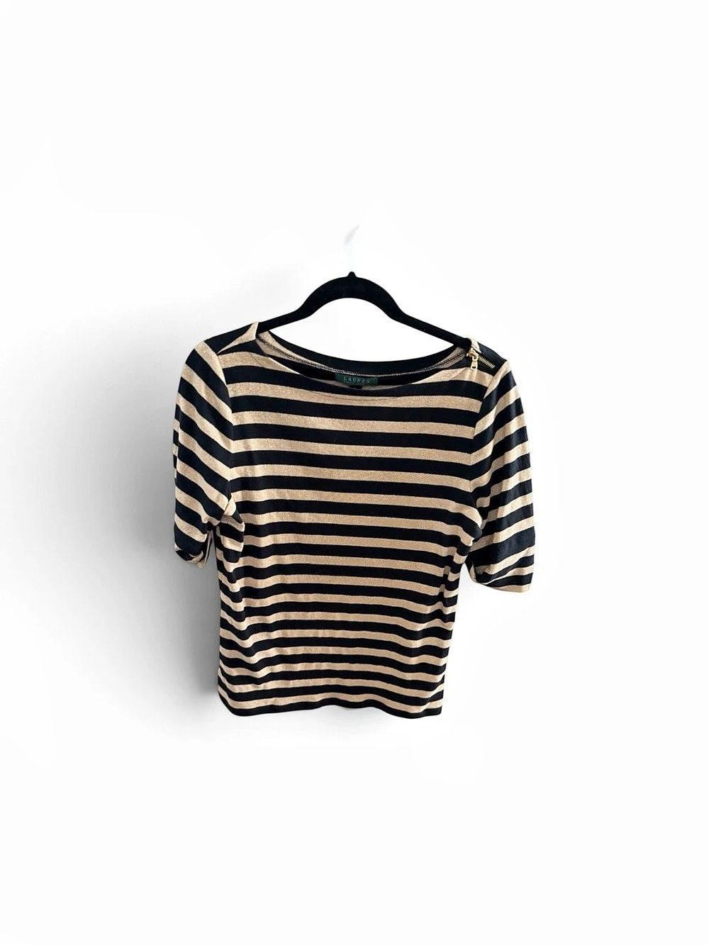 Lauren Ralph Lauren Striped Short Sleeve Top in Black & Gold Size Large